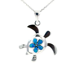 Sterling Silver Rhodium plated Medium created blue opal turtle and flower pendant on 1.2mm diamond cut cable chain 18"