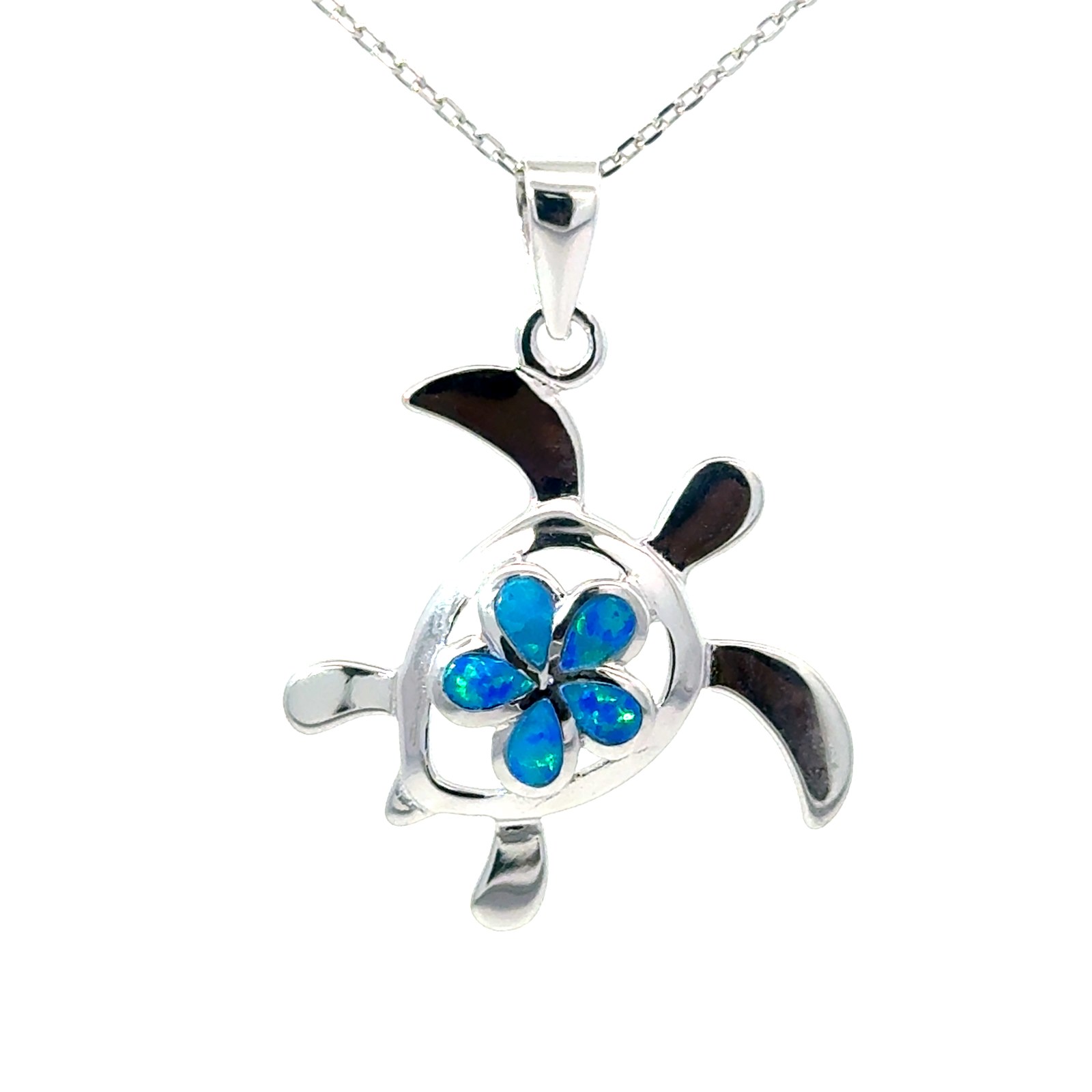 Sterling Silver Rhodium plated Medium created blue opal turtle and flower pendant on 1.2mm diamond cut cable chain 18"