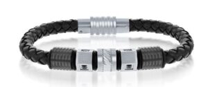 Mans Stainless Steel and black cubic zirconia leather braided bracelet 8.5"