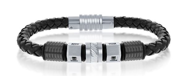 ST .jpg Mans Stainless Steel and black cubic zirconia leather braided bracelet 8.5"