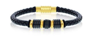 Mans Black & Gold Ip Plated Stainless Steel With Genuine Black Leather Bracelet 8.5"