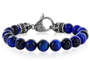 Stainless Steel genuine 10mm dyed blue tigers eye beaded bracelet