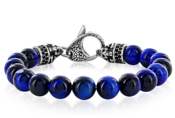 ST .jpg Stainless Steel genuine 10mm dyed blue tigers eye beaded bracelet