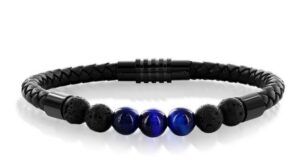 Stainless Steel Genuine Bead Leather Bracelet - Dyed Blue Tiger Eye