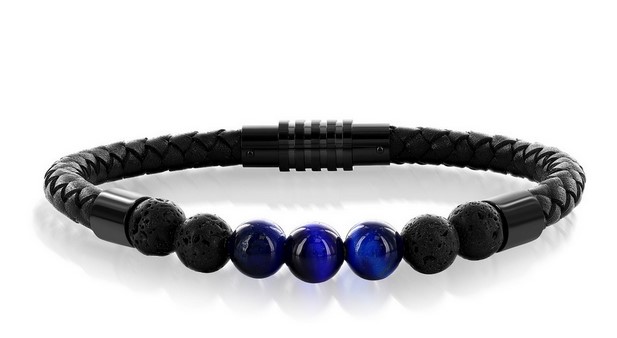 ST .jpg Stainless Steel Genuine Bead Leather Bracelet - Dyed Blue Tiger Eye