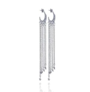Sterling Silver rhodium plated heart and moon cut out dangle earrings