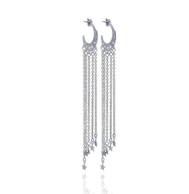 Sterling Silver rhodium plated heart and moon cut out dangle earrings
