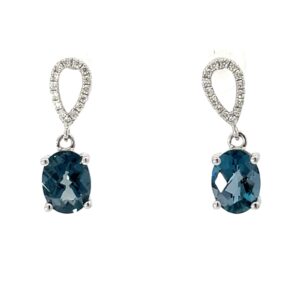14kt white gold diamond and london blue topaz dangle earring BT tw 3.10 D tw 0.18cts SI, H
