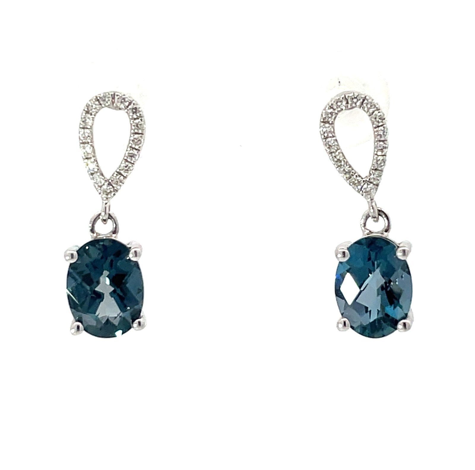 STECK LT 14kt white gold diamond and london blue topaz dangle earring BT tw 3.10 D tw 0.18cts SI, H