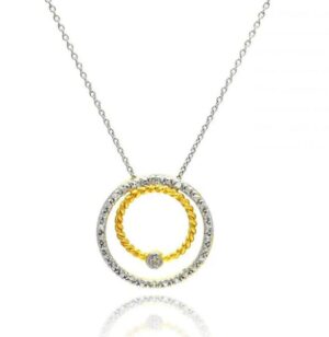 Sterling Silver rhodium and gold plated cubic zirconia circle pendant on adjustable chain