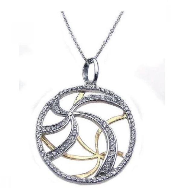STP .jpg Sterling Silver rhodium and gold plated cubic zirconia cut out swirl pendant on adjustable chain