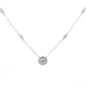 Sterling Silver rhodium plated cubic zirconia halo necklace with cz by yard chain adjustable