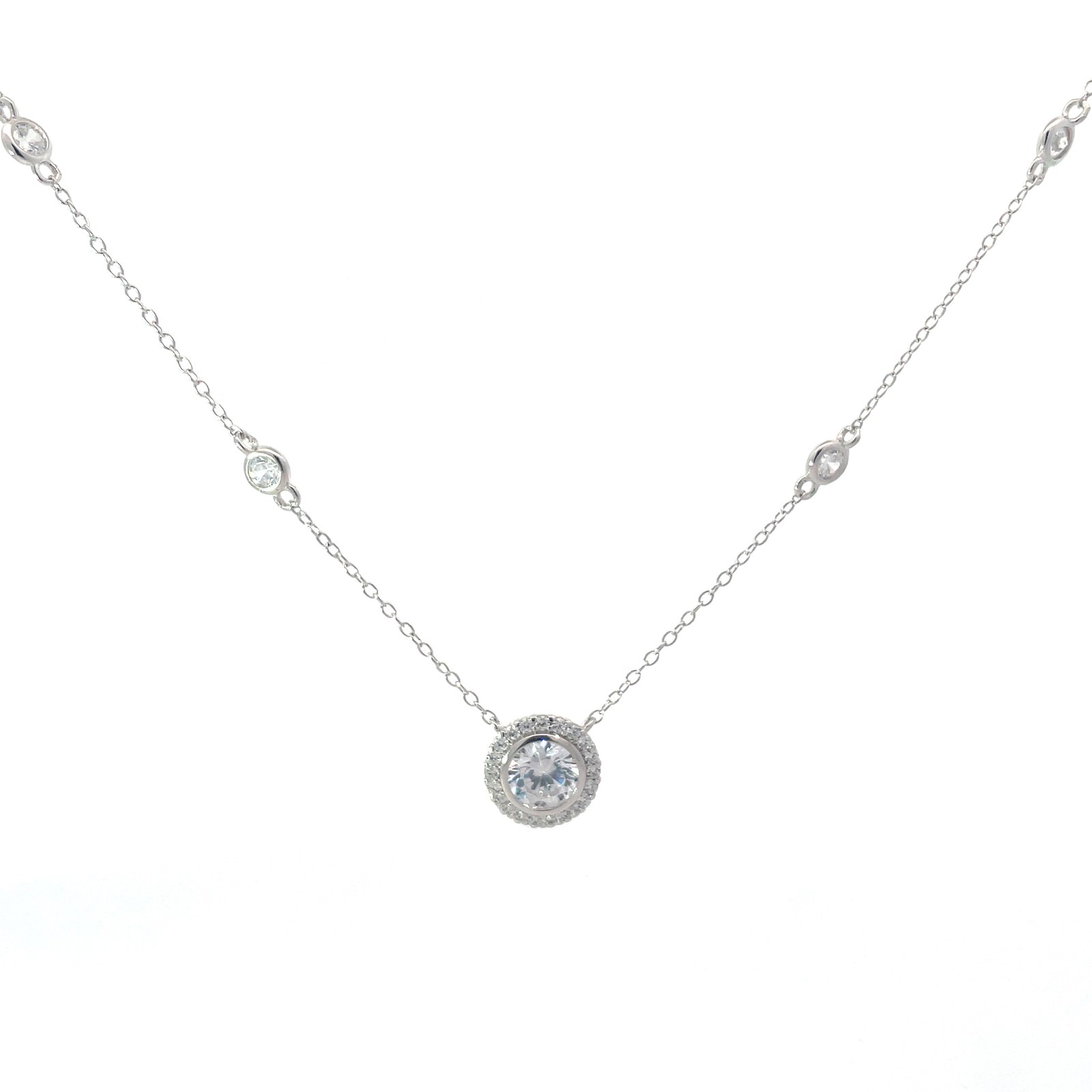 Sterling Silver rhodium plated cubic zirconia halo necklace with cz by yard chain adjustable