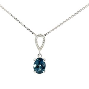 14kt white gold long blue topaz dangle pendant BT tw 1.55 D tw 0.09cts SI, G/H