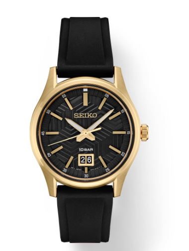 SUR .jpg Mans Seiko y-shaped shoe-sole inspired pressed pattern on its matte textured black dial with gold accents. With big date calendar and LumiBrite hands and markers strap watch WR100M
