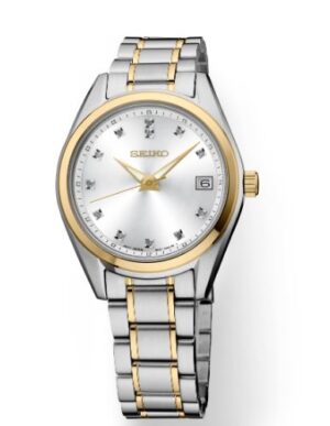 Ladies Seiko features a shimmering silver sunray finish dial set with 12 diamonds, two-tone finish scratch-resistant sapphire crystal, date calendar, and LumiBrite hands bracelet watch, WR100 M
