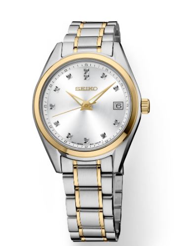 Ladies Seiko features a shimmering silver sunray finish dial set with 12 diamonds, two-tone finish scratch-resistant sapphire crystal, date calendar, and LumiBrite hands bracelet watch, WR100 M