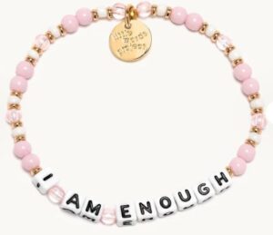 Little Words Project " I am enough" pink and white beaded stretch bracelet
