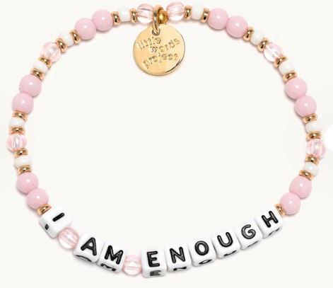 SW UAN CAB .jpg Little Words Project " I am enough" pink and white beaded stretch bracelet