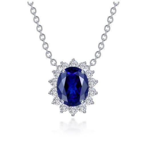 SYNSP .jpg Sterling Silver platinum lassire simulated diamond halo pendant with lab grown sapphire pend D tw 3.35cts