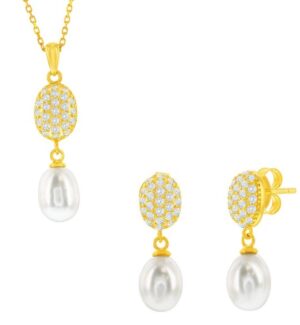 Sterling Silver gold plated cubic zirconia and freshwater pearl necklace and earring SOLD AS SET