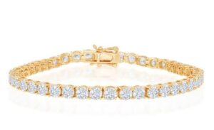 Sterling Silver 4mm prong set round cubic zirconia tennis bracelet with foldover safety, gold plated 7.5"