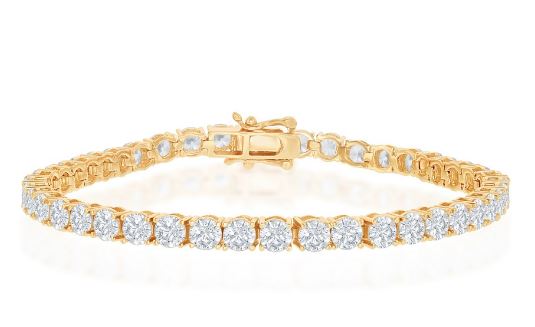 T gp .jpg Sterling Silver 4mm prong set round cubic zirconia tennis bracelet with foldover safety, gold plated 7.5"