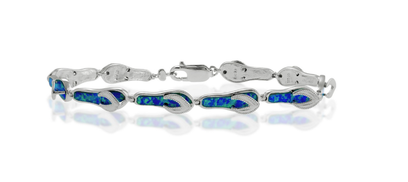 T .png Sterling Silver rhodium plated created blue opal inlay flip flop bracelet 7.5" long