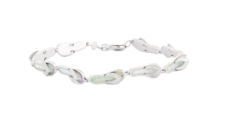 T .png Sterling Silver rhodium plated created opal inlay white color flip flop bracelet 7.5"