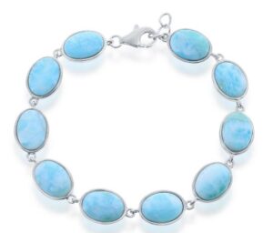 Sterling Silver rhodium plated genuine oval larimar link bracelet 8"