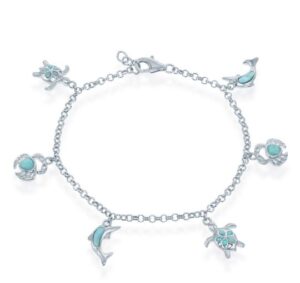 Sterling Silver rhodium plated genuine larimar turtle, crab and dolphin charms bracelet 7.5"+1"