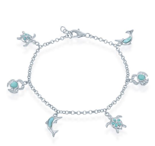 Sterling Silver rhodium plated genuine larimar turtle, crab and dolphin charms bracelet 7.5"+1"
