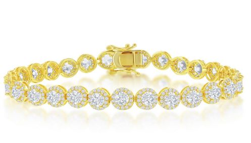 T GP .jpg Sterling Silver gold plated 6mm round halo cubic zirconia tennis bracelet 7.5"
