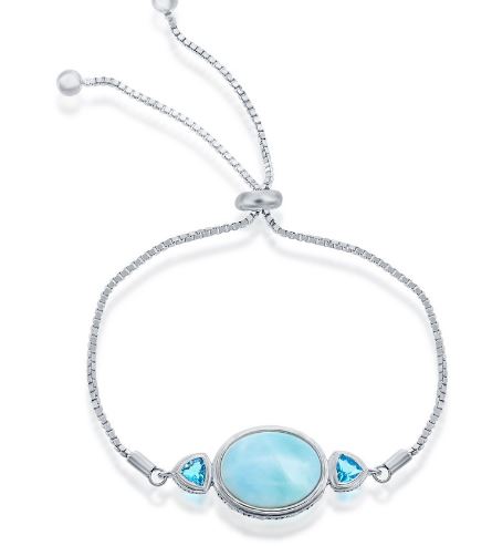 Sterling Silver rhodium plated genuine larimar and blue cubic zirconia adjustable bolo bracelet