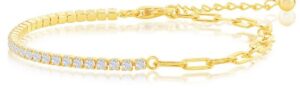 Sterling Silver gold plated 2mm cubic zirconia 1/2 tennis and paperclip ankle bracelet 6.5" with 1" extention"