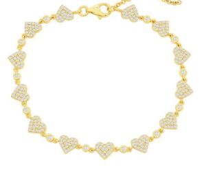 Sterling Silver gold plated pave heart bracelet with claw catch 7"+1"