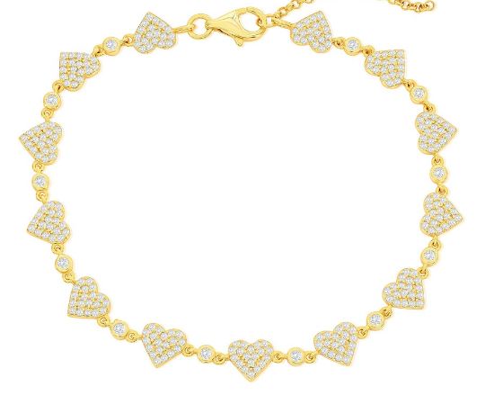 T GP .jpg Sterling Silver gold plated pave heart bracelet with claw catch 7"+1"