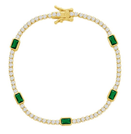 T Gp .jpg Sterling Silver gold plated green retangle bezel set and round clear cubic zirconia bracelet with box catch and fold oversafety