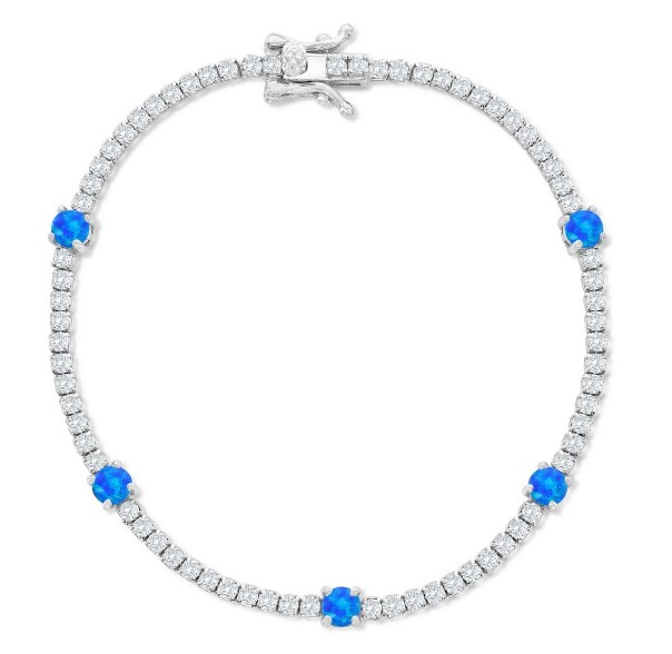 Sterling Silver, Round Created Blue Opal & Cubic Zirconia Tennis Bracelet