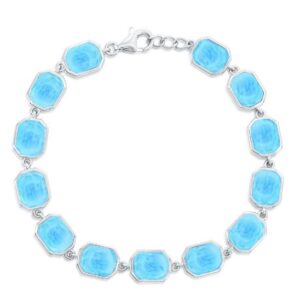 Sterling Silver rhodium plated genuine larimar octagon link bracelet with claw catch closure 7"+1"