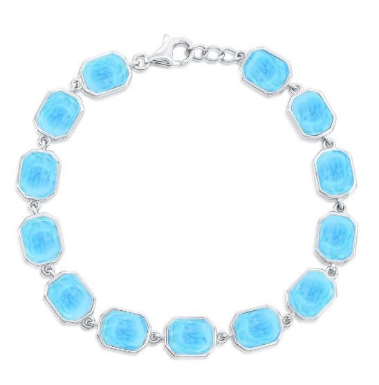 Sterling Silver rhodium plated genuine larimar octagon link bracelet with claw catch closure 7"+1"