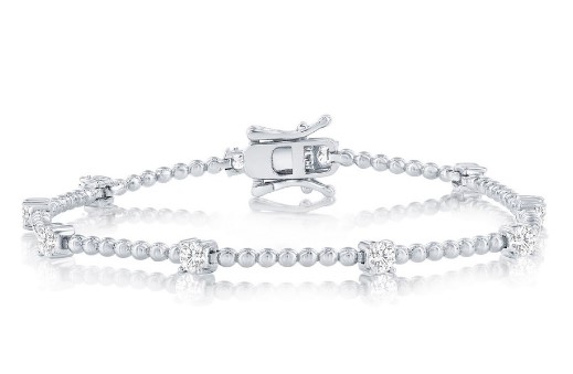 Sterling Silver, Round Cubic Zirconia & Beaded Bracelet 7"