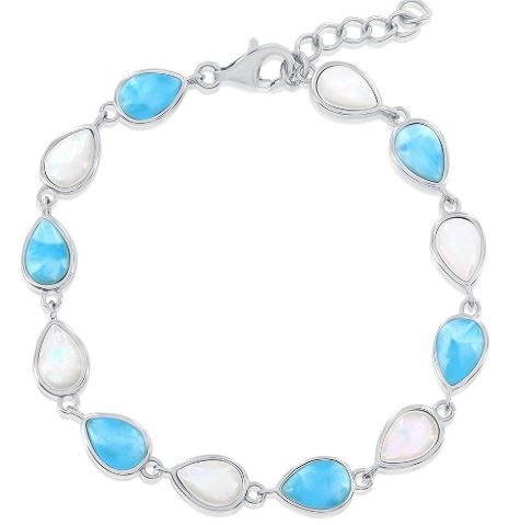Sterling Silver rhodium plated mother of pearl and genuine larimar bracelet with claw catch closure 7"+1"