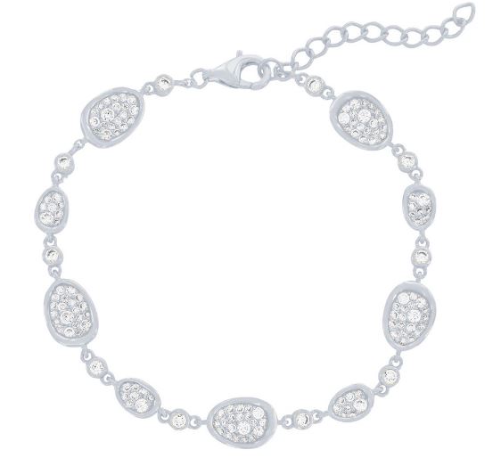 Sterling Silver rhodium plated irregular shaped pave cubic zirconia bracelet 7"+1"