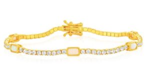 Sterling Silver gold plated rectangle created opal and cubic zirconia bracelet 7"+1" with box catch and foldover safety