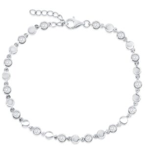Sterling Silver rhodium plated polished and bezel set round cubic zirconia bracelet 7.25"+1"