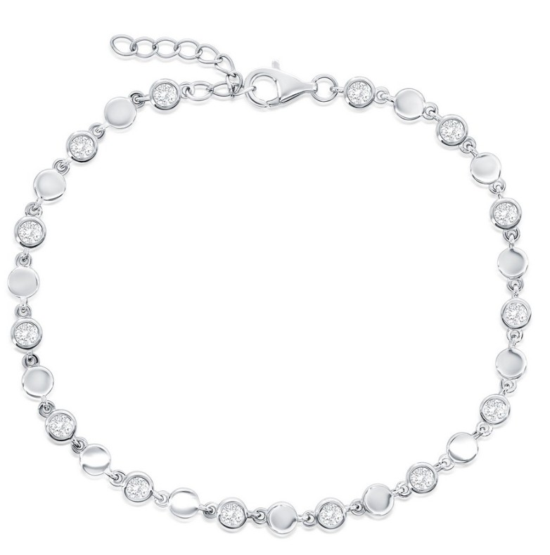Sterling Silver rhodium plated polished and bezel set round cubic zirconia bracelet 7.25"+1"