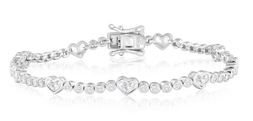 Sterling Silver rhodium plated cubic zirconia heart bezel set bracelet 7.5" with box catch and fold over safety