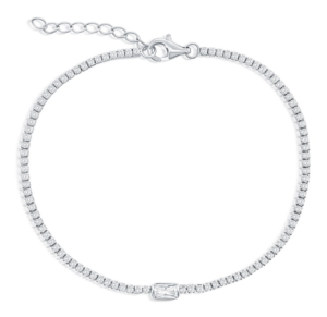 Sterling Silver rhodium plated emerald cut cubic zirconia bracelet with claw catch closure 7.25"+1"