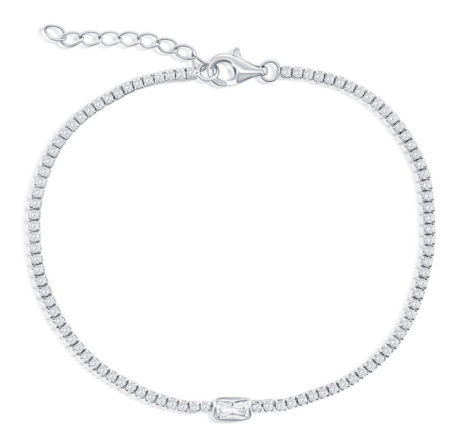 T .png Sterling Silver rhodium plated emerald cut cubic zirconia bracelet with claw catch closure 7.25"+1"